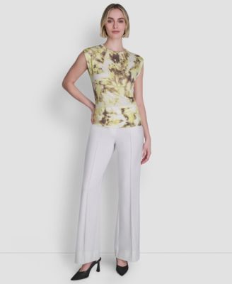 Women's Printed Knit Crew Neck Cap-Sleeve Top