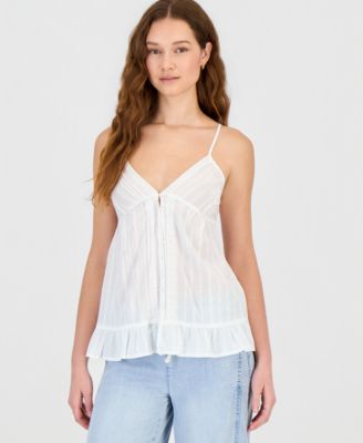 Juniors' Lace-Trim Pintuck Cotton Sleeveless Top
