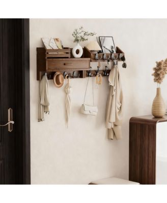 Solid Wood 6-in-1 Wall Organizer with 12 Hooks, Drawer & Shelf for Entryways