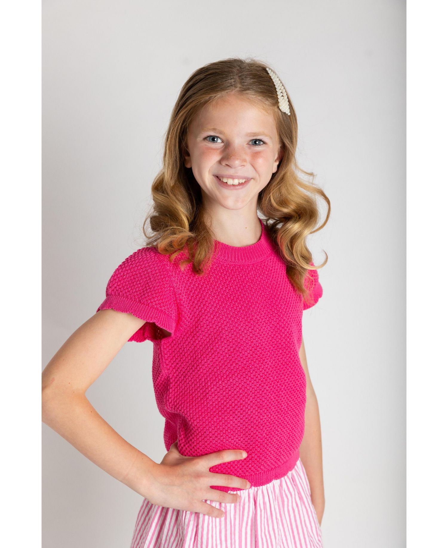 Big Girls Short Sleeve Sweater with Scallop Edges