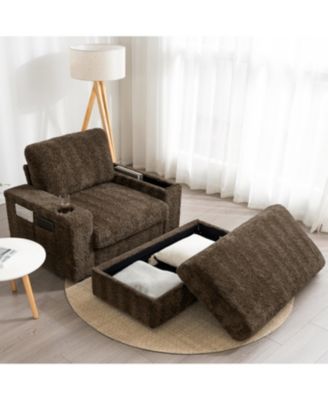 Faux Rabbit Fur Sofa with Storage Ottoman and Armrests,Cup Holders,Upholstered Sleeper Chair,Chaise Lounge,Reading
