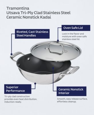 Utsava Tri-Ply Clad Stainless Steel 6-Quart Covered Kadai
