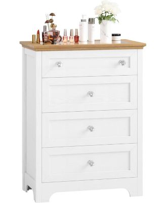 White Drawer Dresser with LED Light - 4 Drawer Nightstand Cabinet with Night Light, Visible Glass Table-Top for Bedroom, Living Room, Entryway