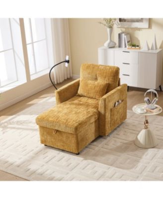 Multifunctional Chenille Sofa with Storage & Cell Phone Bracket, Single Sleeper Chair, Chaise Lounge Chair