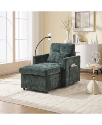 Multifunctional Chenille Sofa with Storage & Cell Phone Bracket, Single Sleeper Chair, Chaise Lounge Chair