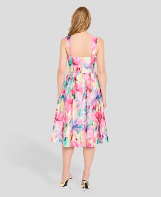 Women's Crinkle Belted Square Neck Midi Dress