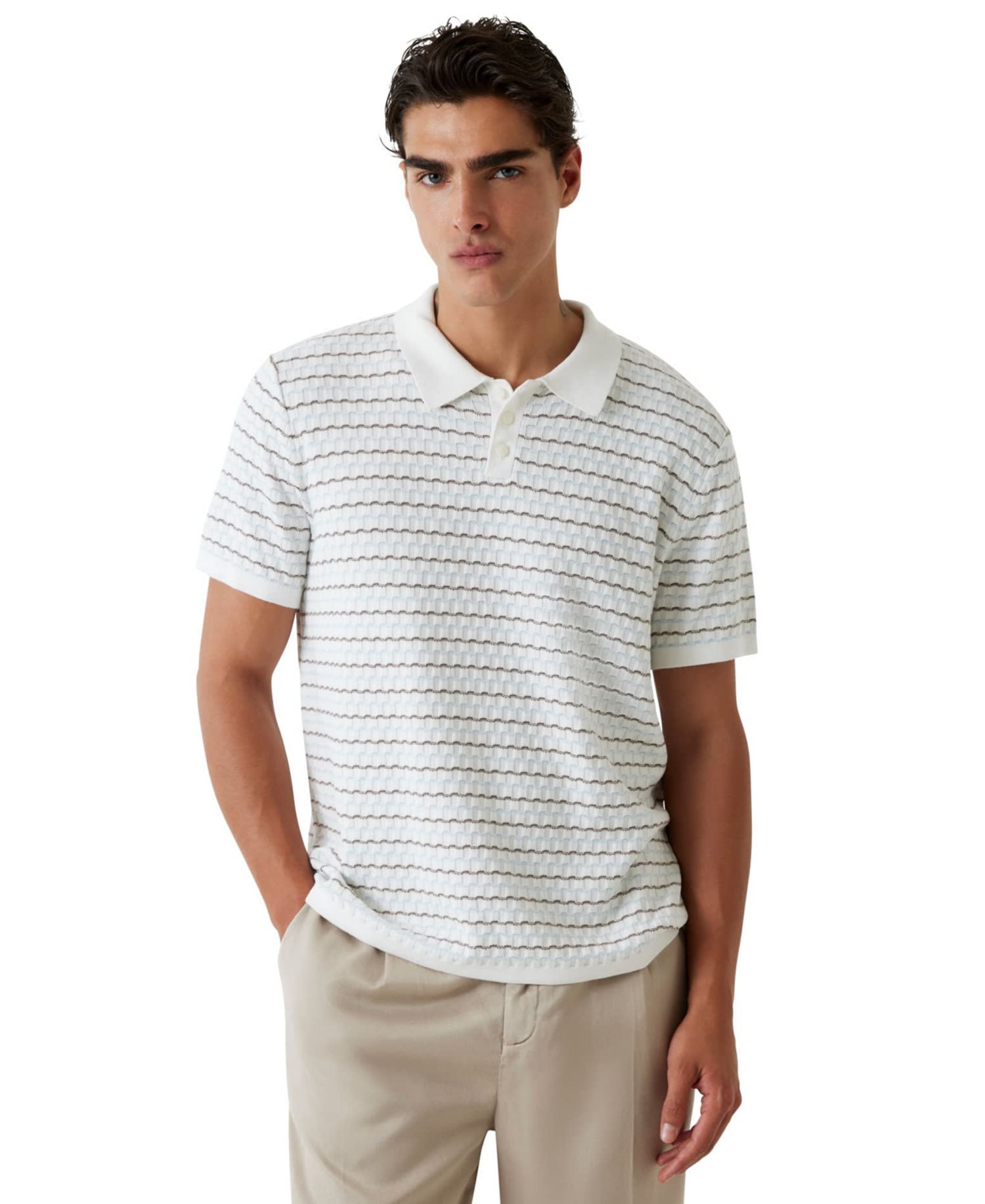 Men's Checkered Stripe Text Woven Polo Shirt