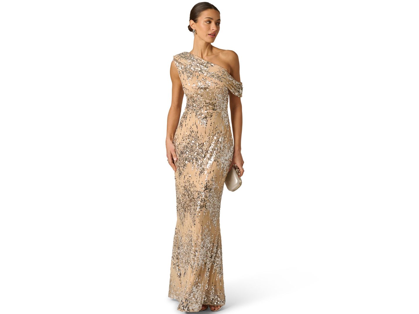 Женские платья Adrianna Draped Sequin One-Shoulder Ball Gown, цвет: Серебряный / Телесный — фото 2