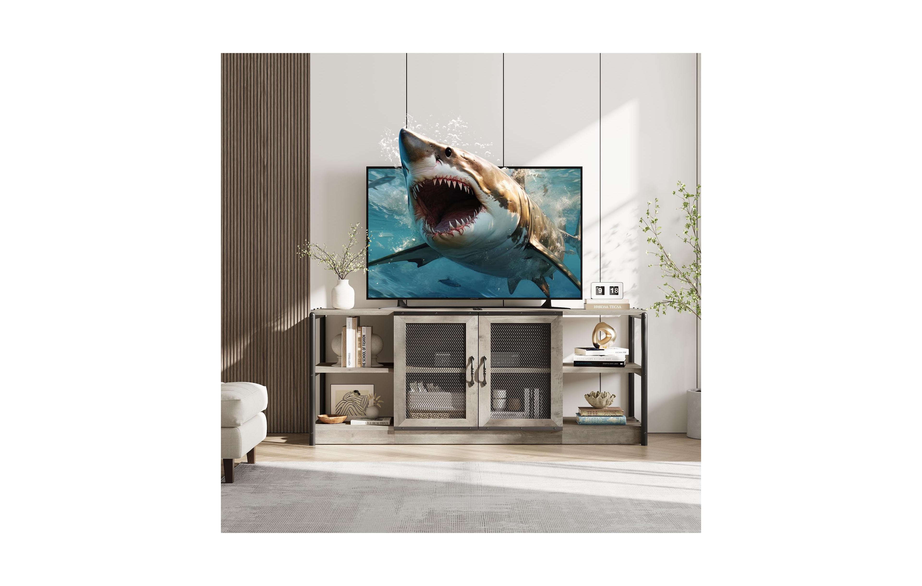 gaomon Farmhouse Tv Stand for 65+ Inch TVs, Media Stand with Mesh Door & Storage Shelves