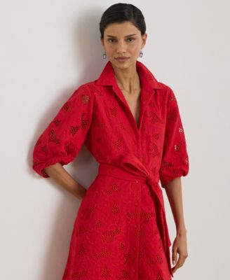 Petite Eyelet Voile Balloon-Sleeve Shirtdress