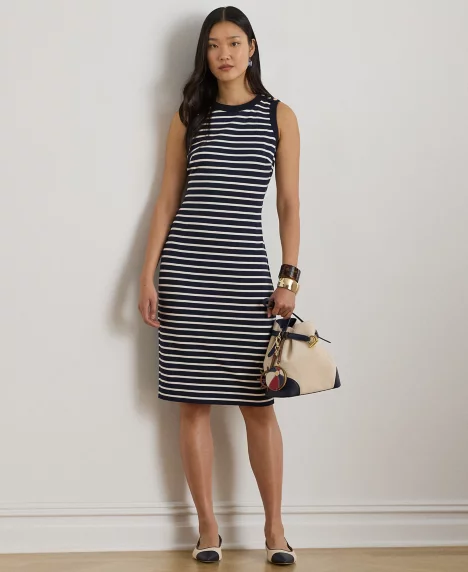 Petite Striped Crewneck Sheath Dress - Refined Navy/Mascarpone Cream