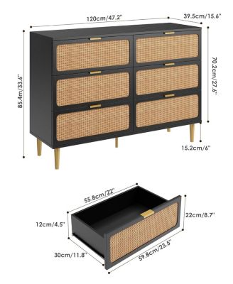 Rattan Dresser with 6 Drawers, Tall Modern Closet with Deep Storage,   Long Wooden Dresser for Bedroom