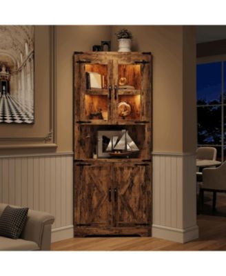 67" Tall Corner Storage Cabinet with Lights, Farmhouse Wooden Corner Hutch with Glass Doors, Adjustable Shelves