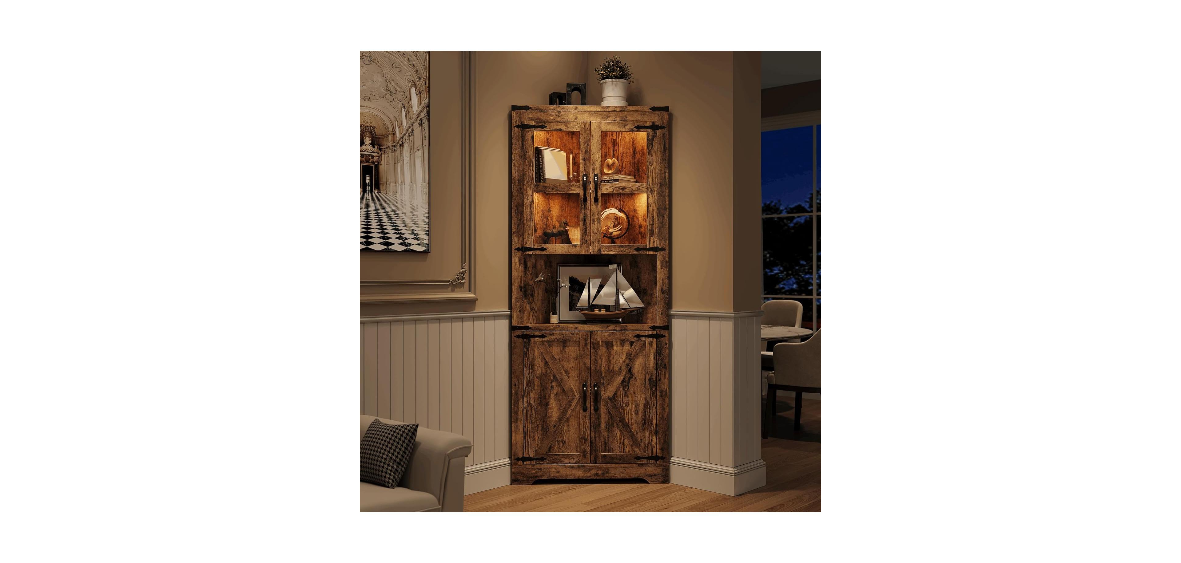 gaomon 67" Tall Corner Storage Cabinet with Lights, Farmhouse Wooden Corner Hutch with Glass Doors, Adjustable Shelves
