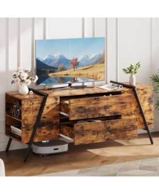 47" Modern Farmhouse TV Stand, 2 Drawers Adjustable Shelves U-Shaped Metal Legs Entertainment Center