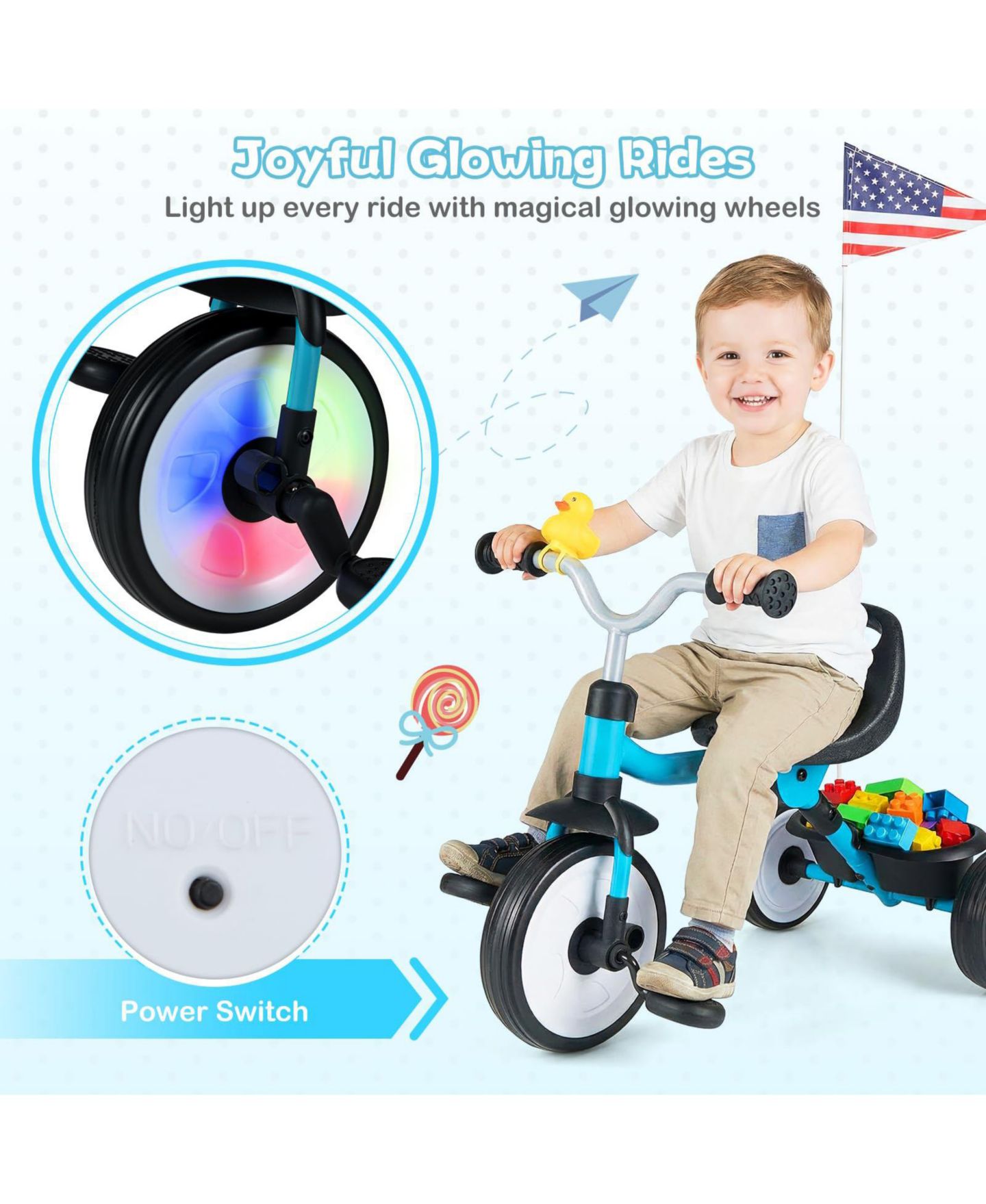 Детская игрушка Mecale 3-in-1 Light-Up Toddler Tricycle with Storage Basket, Ages 2+, цвет: Синий — фото 6