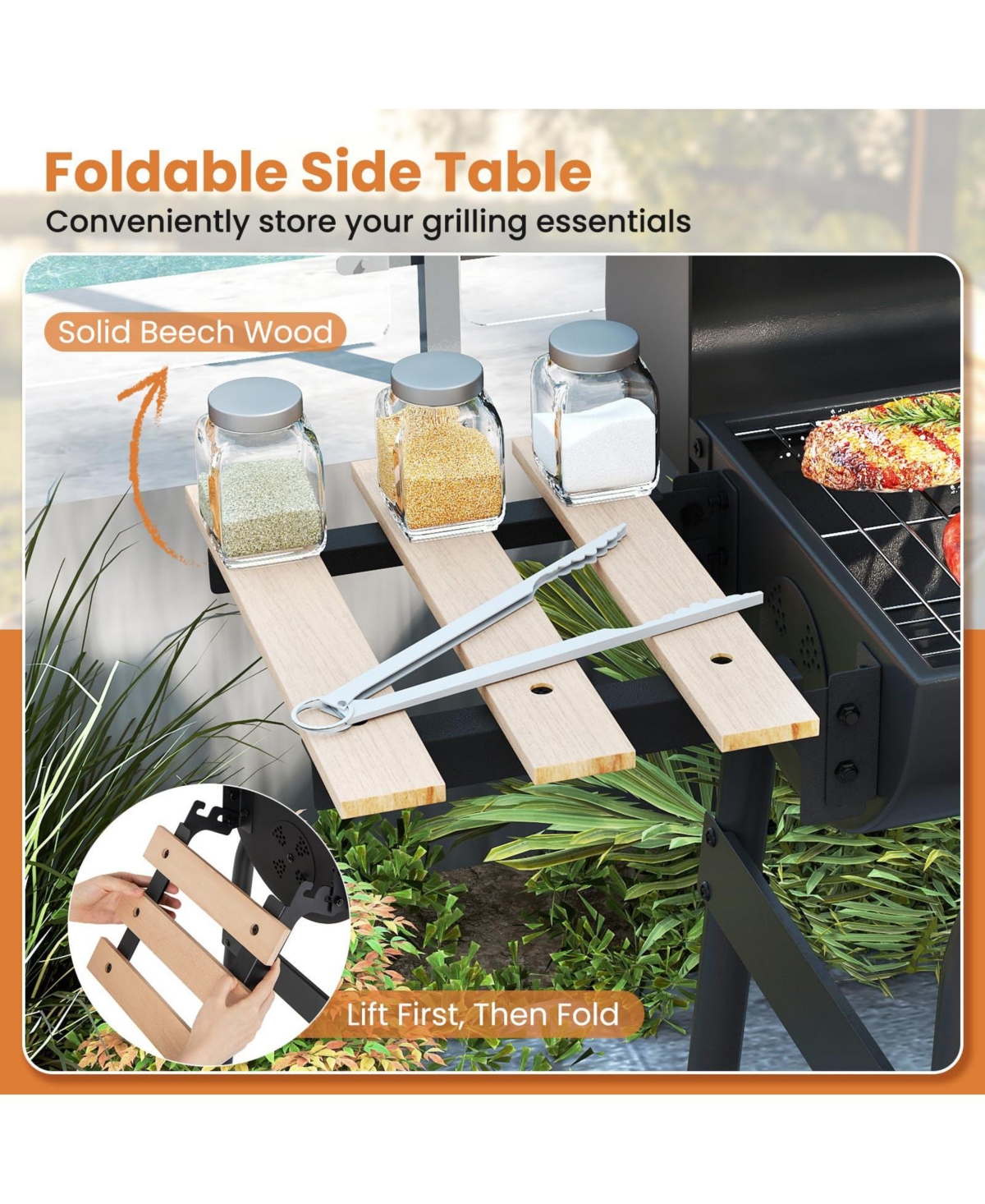 Ecooso Barrel Charcoal Grill with Foldable Side Table and Thermostat