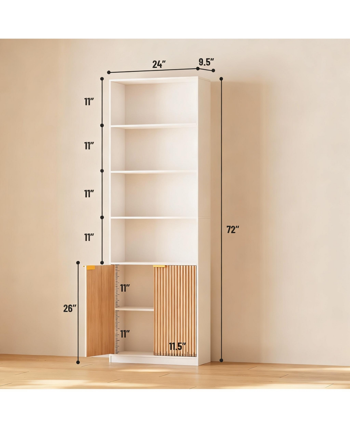 Yigii 72" Tall Bookshelf with 6 Shelves & Cabinets for Home Decor