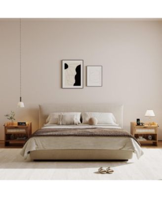 Boho Rattan Bedside Table with Type-C Charging Station, Nightstand with 1 Storage Drawer & Open Shelf