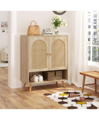 2 Pcs Rattan Shoe Cabinet, 4 Tier Entryway Shoe Storage Organizer with Doors and Adjustable Shelves