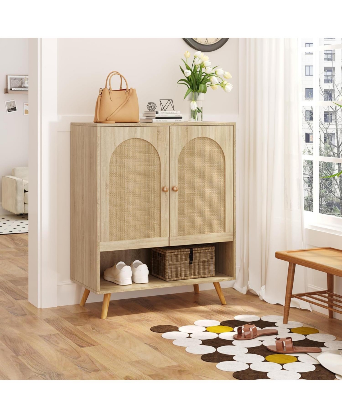 Gaomon 2 Pcs Rattan Shoe Cabinet, 4 Tier Entryway Shoe Storage Organizer with Doors and Adjustable Shelves