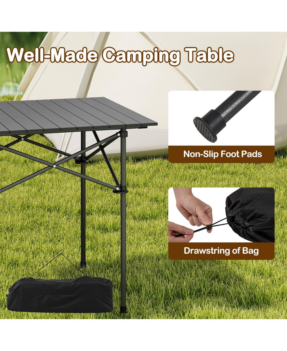 Mecale Roll-Up Camping Table with Metal Legs, Outdoor