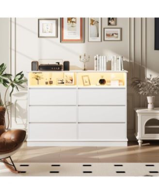 6 Drawer Dresser for Bedroom with LED Lights & Charging Station, Modern Dresser with LED for Bedroom