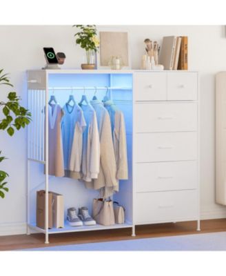 49.2" w Dresser with Hanging Rack & LED Lights, 6-Drawer Closet Organizer with Charging Station, Tall Storage Tower for Bedroom