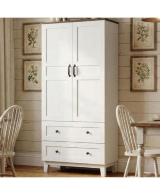 Farmhouse Kitchen Pantry Cabinet, Freestanding Storage Cabinet w/ 2 Adjustable Shelves, Wood Cupboard Pantry for Kitchen