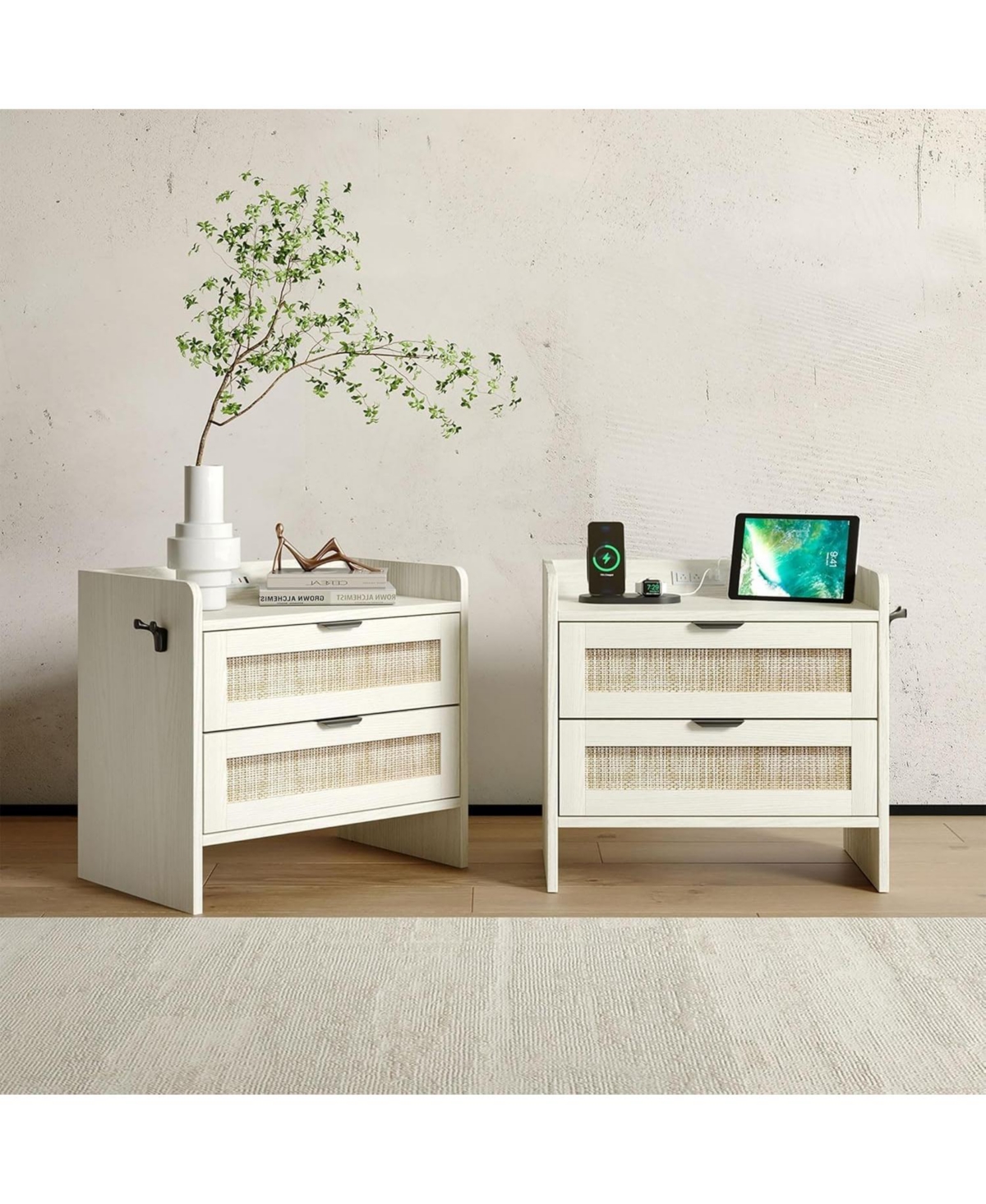 gaomon Set of 2 Boho Rattan Nightstands, Each Equipped with a Modern Type-c Charging Station and 2 Large Storage Drawers
