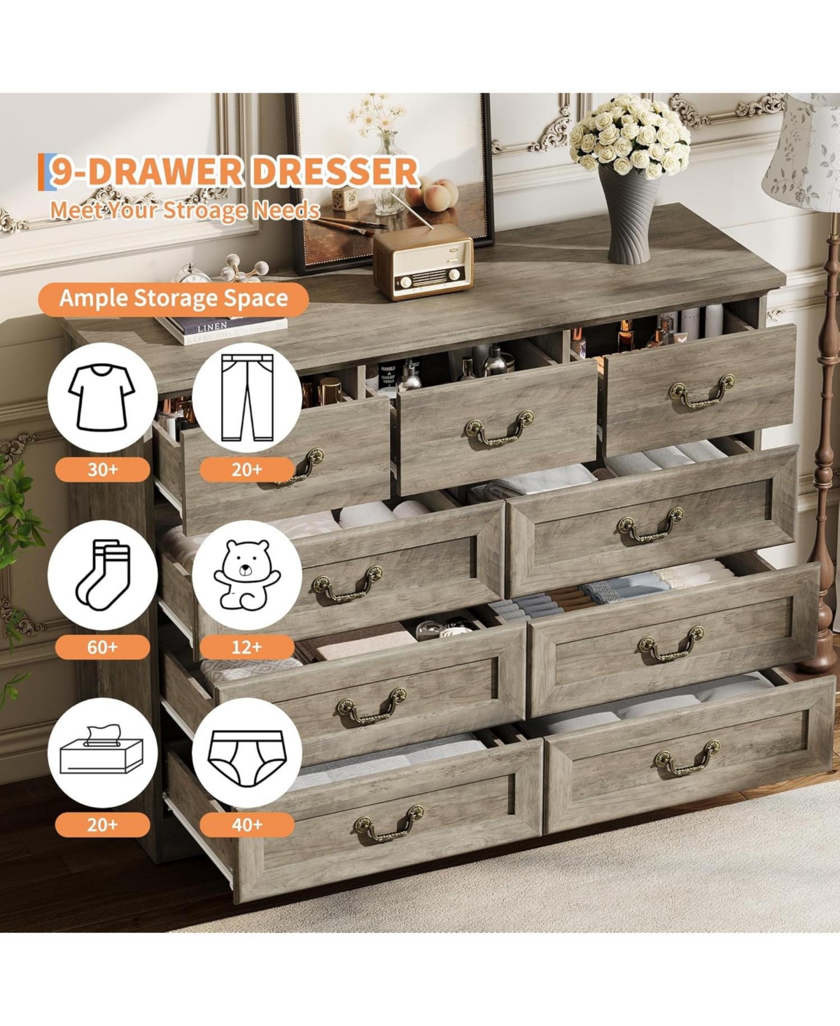 gaomon 9 Drawer Dresser for Bedroom 47 Wide Dressers Wood Vintage Chest of Drawers with Natural Texture and Gold Floral Handles, Farmhouse