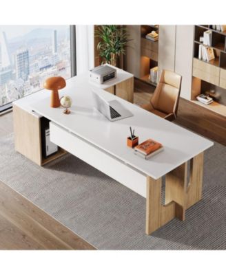 Large Executive Desk, 74.8 Inch L Shaped Computer Desk with Shelves and CPU Storage, Modern Workstation Set, White and Wood