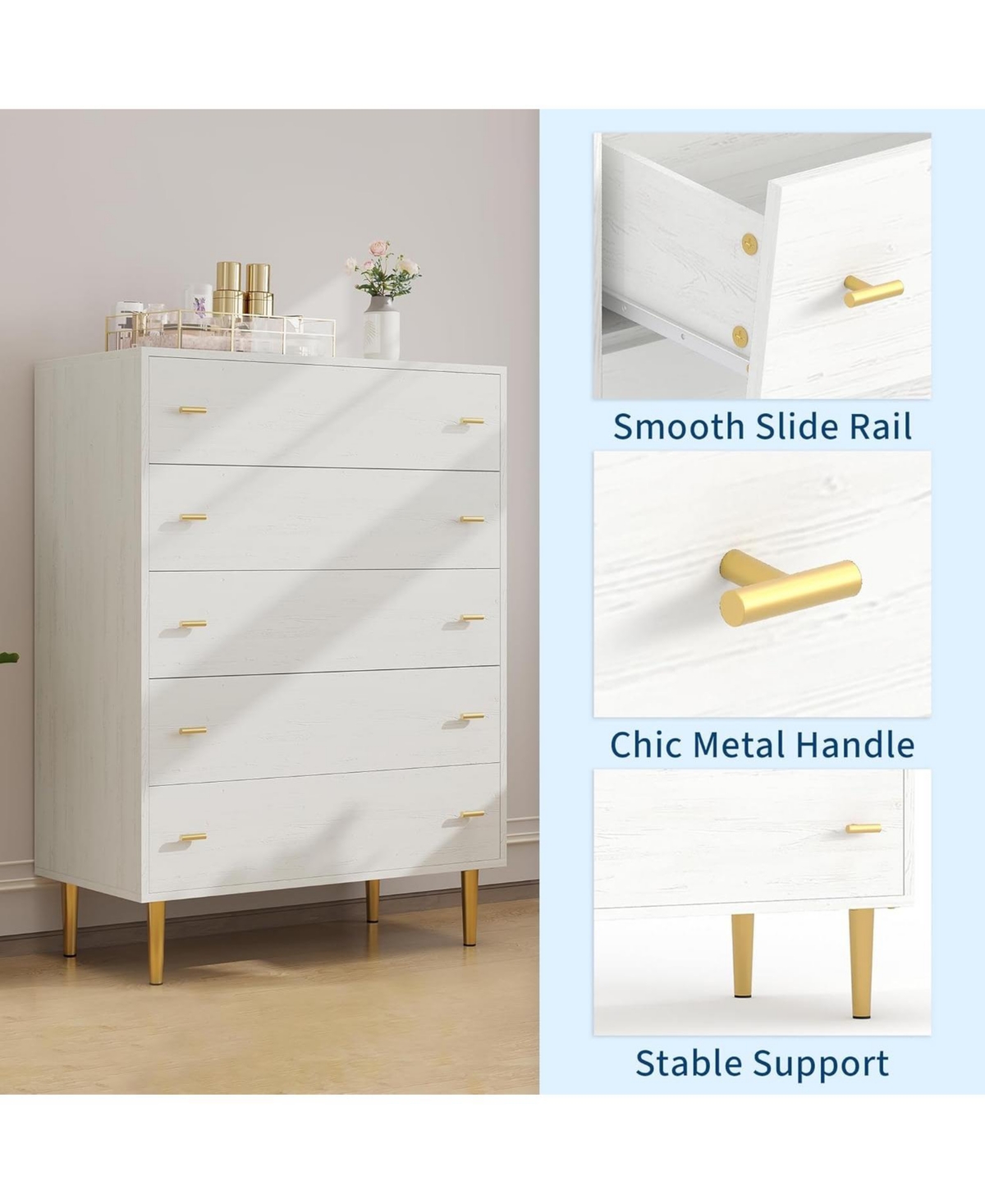 gaomon 44" Tall Farmhouse 5-Drawer Dresser, Rustic Chest with Bar Handles