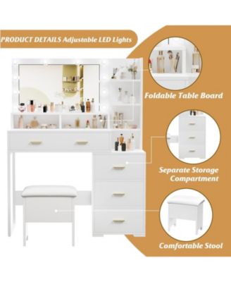 Vanity Desk with Mirror & Lights - Foldable, 4 Drawers, Stool