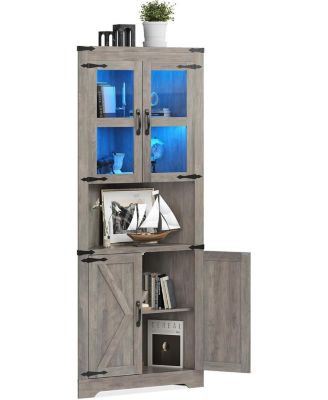 67" Farmhouse Wooden Corner Storage Cabinet with Lights & Glass Doors