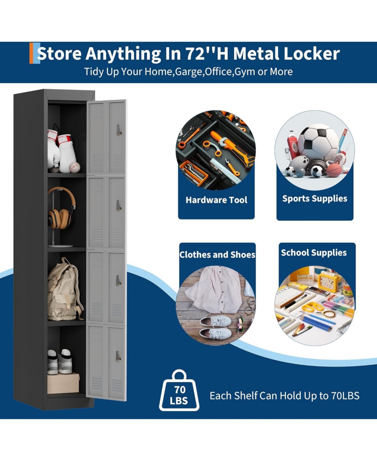 Gaomon 71" Heavy Duty Lockable Metal Locker Cabinet with Hanging Rod & 2 Shelves