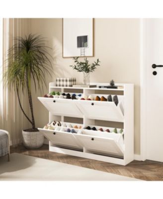 Large Narrow Shoe Storage Cabinet, 4 Flip Drawers Adjustable Shelves Entryway Shoe Rack Organizer