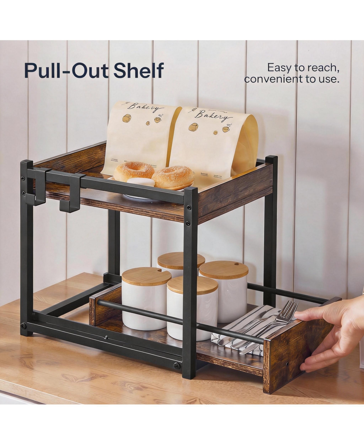 Yigii 2-Tier Kitchen Organizer with Pull-Out & Hooks for Efficient Storage