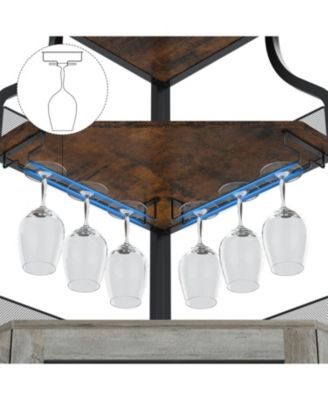 Brown Wooden Farmhouse Wine Bar Corner Cabinet with Detachable Rack, Mesh Door, Glass Rack, and Storage