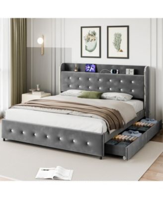 Full Size Bed Frame with Storage Headboard & Charging Station, Upholstered Platform Bed with 4 Drawers and Wooden Slats