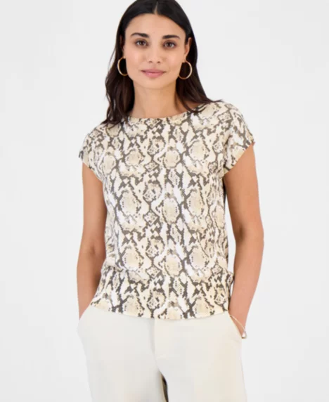 Petite Printed Wide Neck Dolman-Sleeve Top - Sora Snake