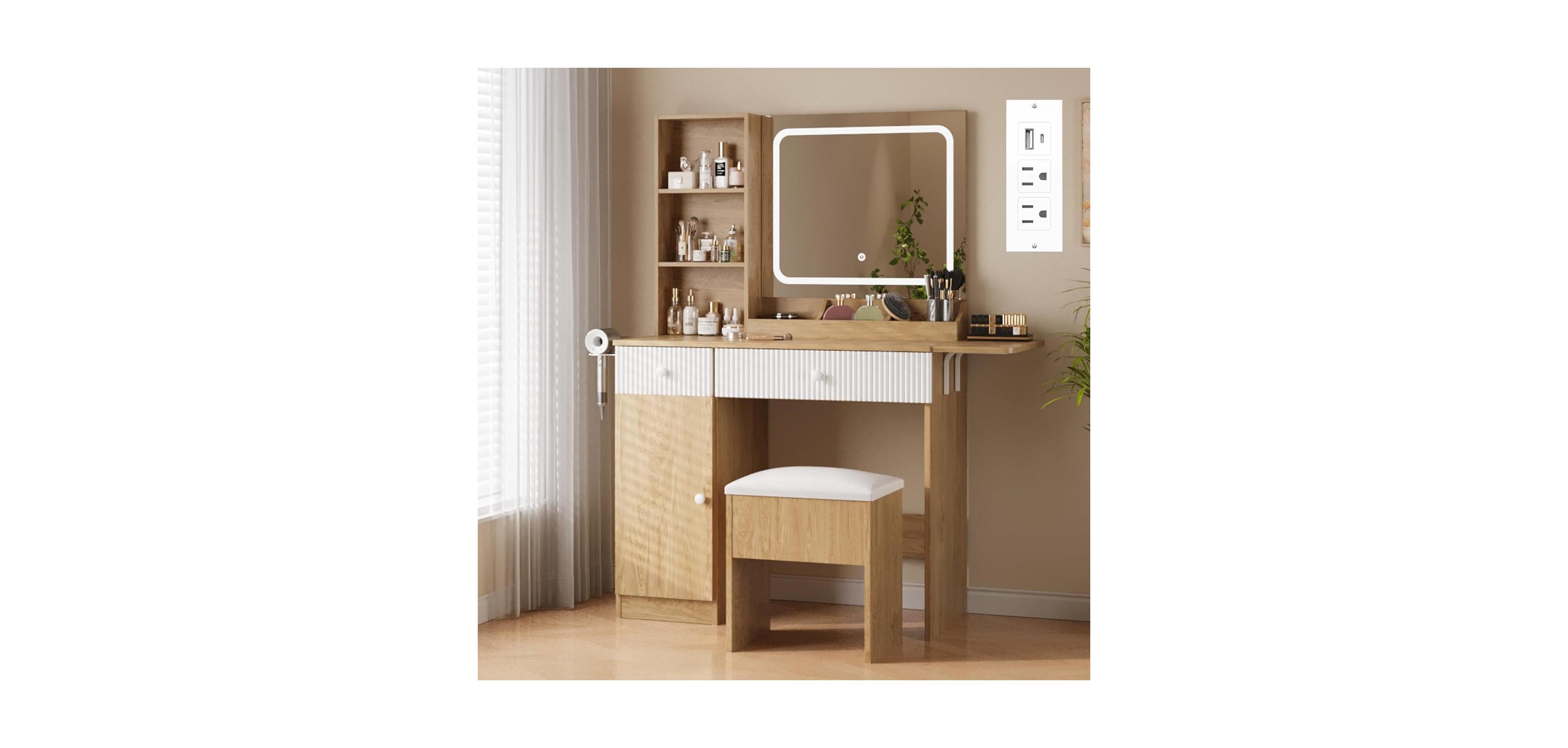 Gaomon Natural Wood Foldable Vanity Desk, Lighted Mirror Makeup Table for Compact Living Spaces