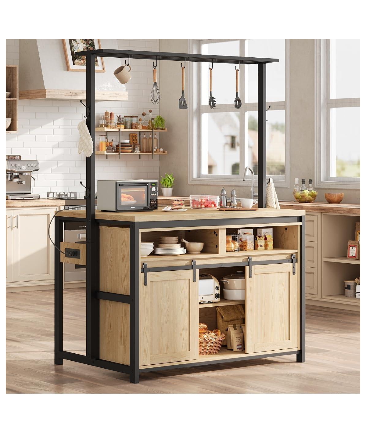 gaomon 42" Rustic Wood Kitchen Island with Power Outlet, Sliding Barn Door Coffee Bar, 9 Hooks