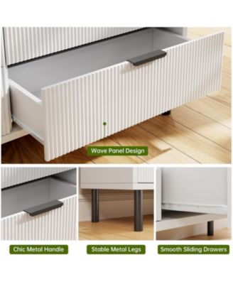 White Fluted 3 Drawers Dresser, Wide Wood Chest of Drawers, Modern Storage Dresser Chest of Drawers Organizer with Metal Legs