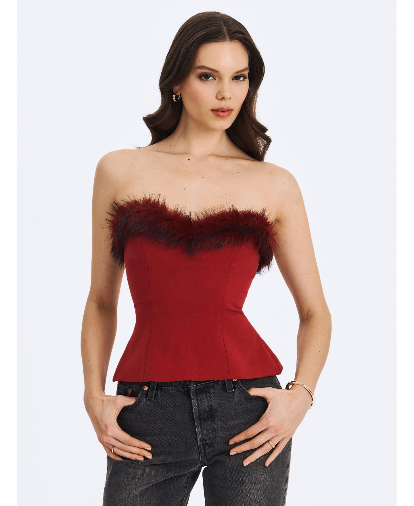 Женский топ Miss Circle Ivette Crimson Fur-Trimmed Peplum, цвет: Малиновый — фото 6