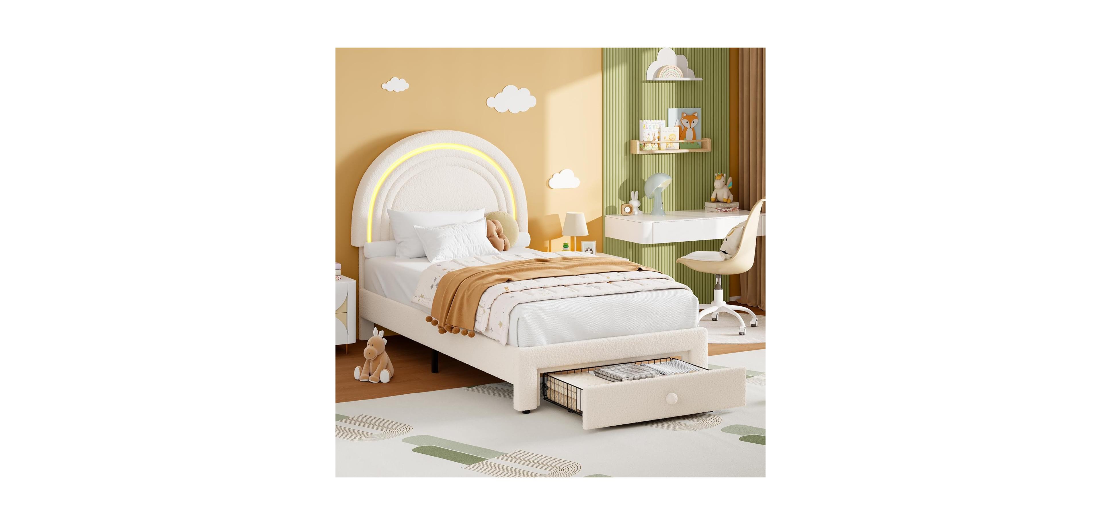 gaomon Twin Upholstered Led Bed Frame - with Storage Drawer and Rainbow Headboard, Berber Fleece Princess Platform Bed for Kids, Solid Wood Support
