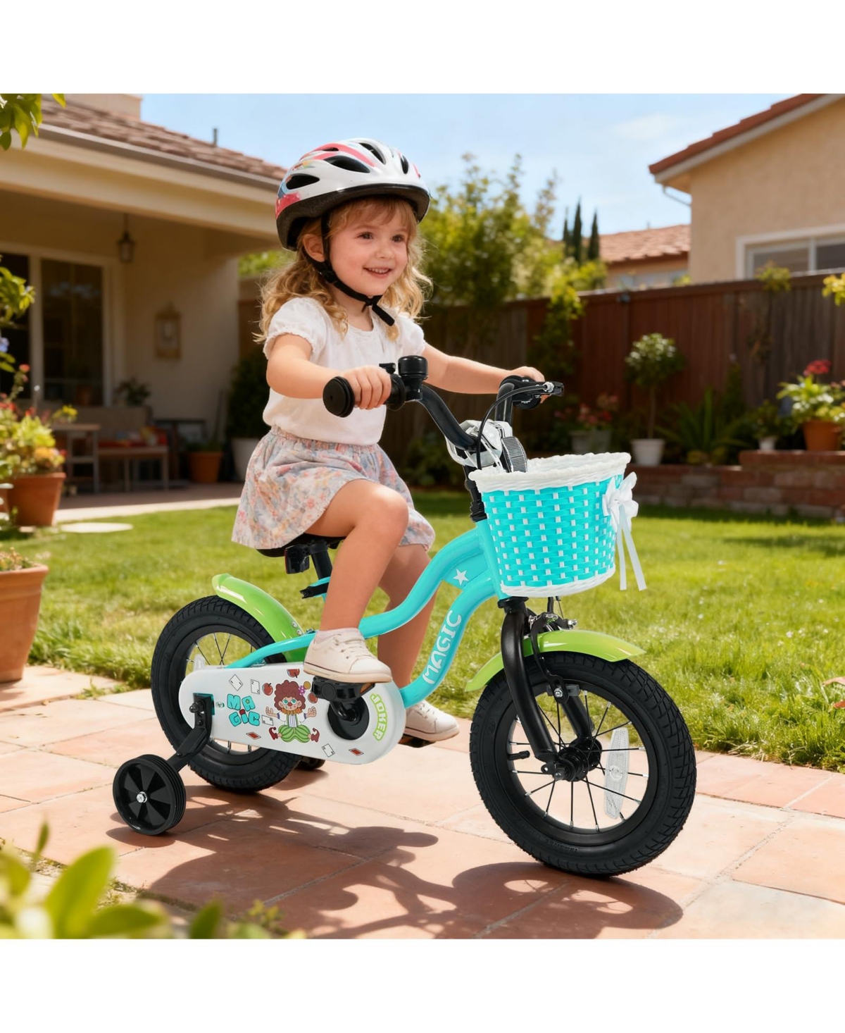 Mecale 12 Inch Kids Bike with Training Wheels and Basket Green Color-12