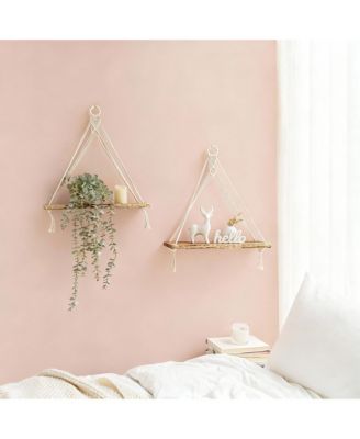 Boho Macrame Hanging Shelves Set of 2 – Rustic Wood Wall Decor for Minimalist Homes