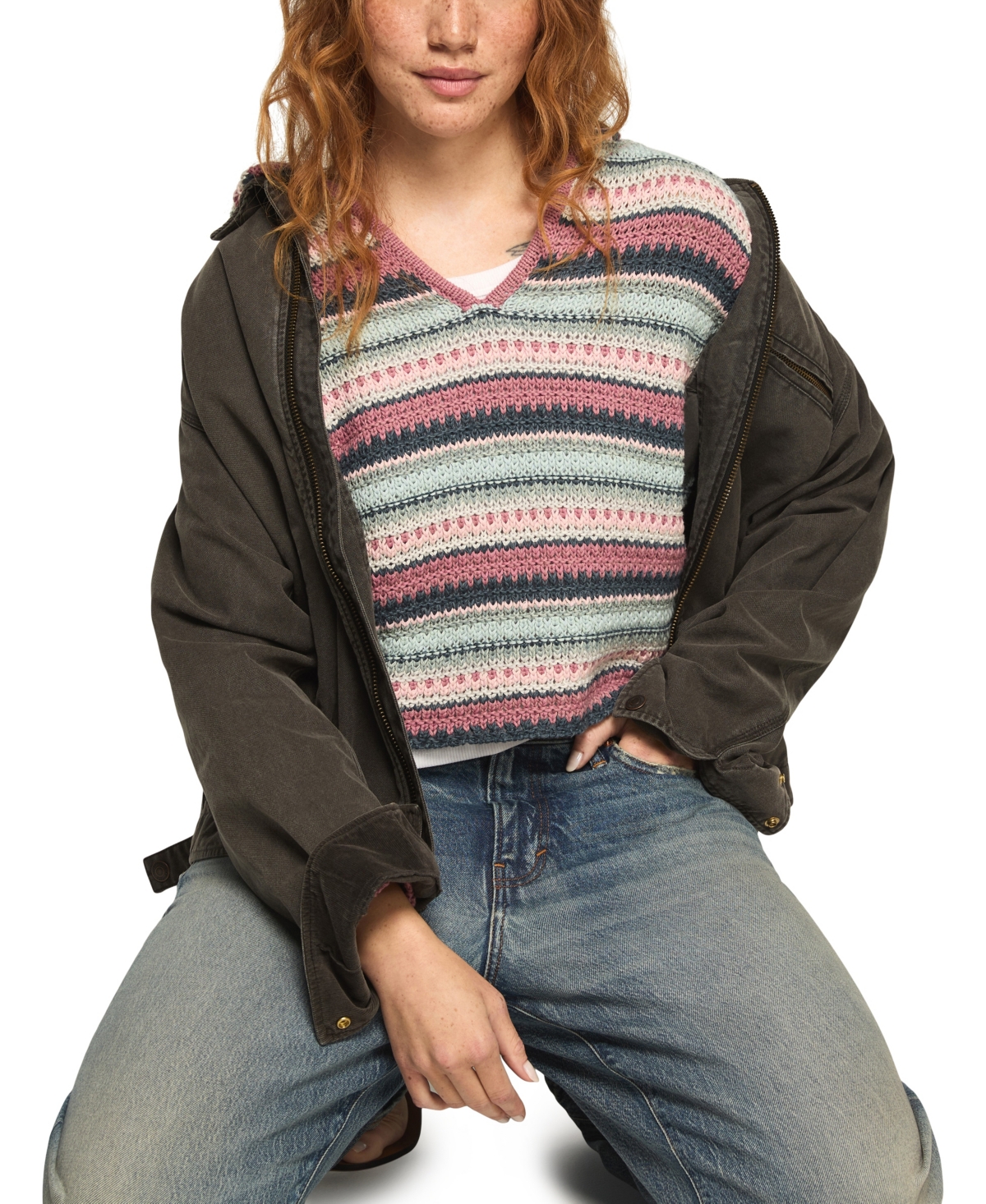 Lucky Brand Women's Crochet Baja Striped Hoodie