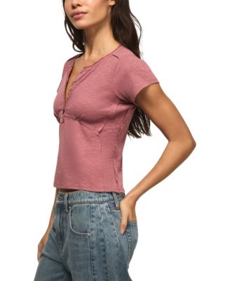 Women's Crochet Trim Short-Sleeve Henley Top